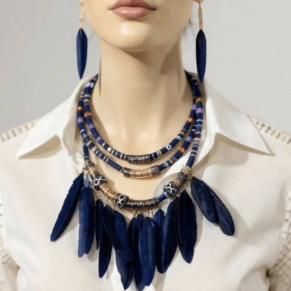 Wild Western Feather Multi-layer Necklace and Feather Earrings Set - NEW